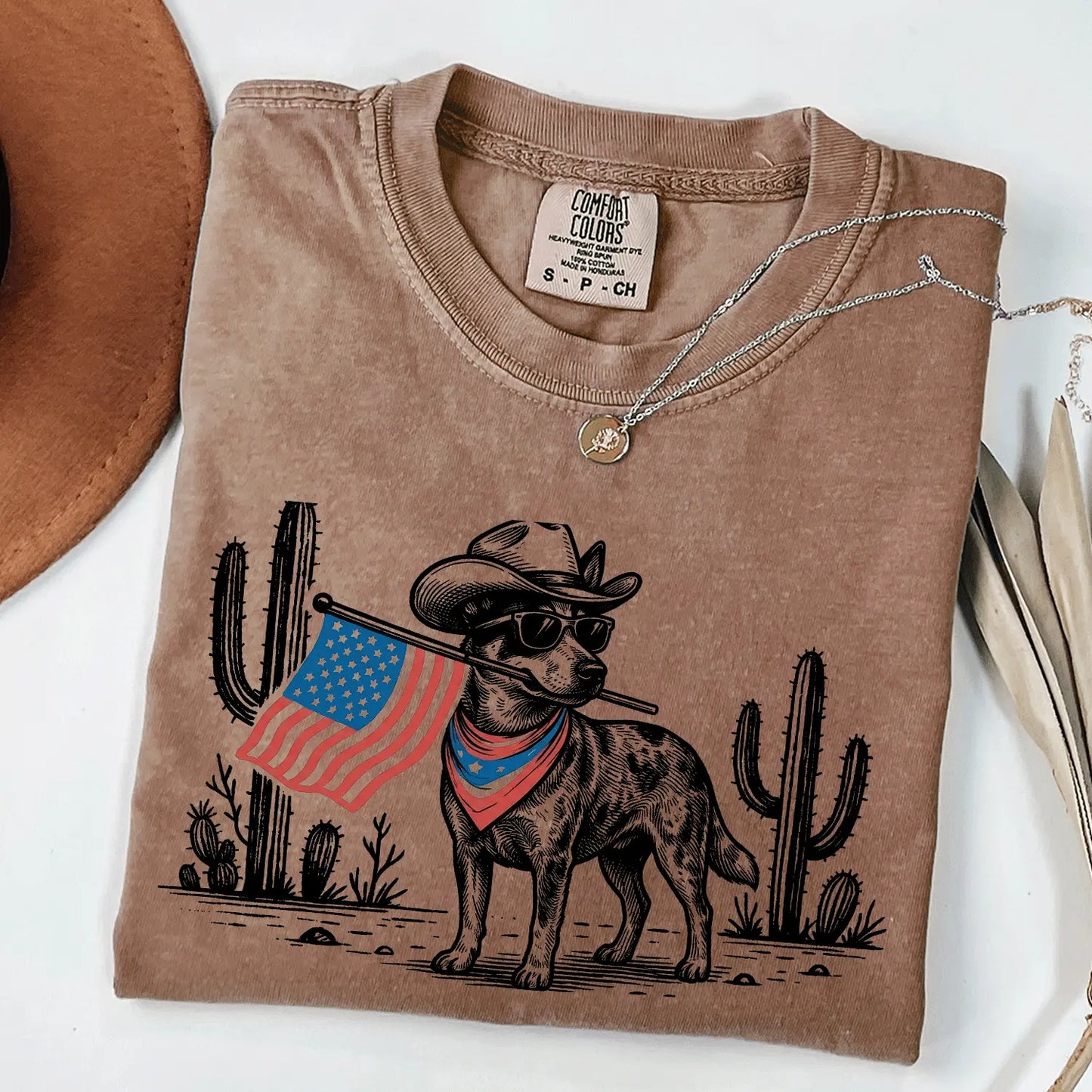 Comfort Colors® Patriotic Western Dog T-Shirt – 50+ Dog Breeds, Cowboy Hat & USA Flag Graphic Tee, Retro 4th of July Dog Lover Gift, Semiquincentennial 2026 Shirt