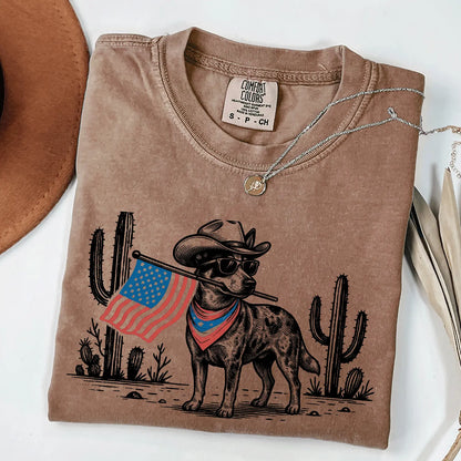 Comfort Colors® Patriotic Western Dog T-Shirt – 50+ Dog Breeds, Cowboy Hat & USA Flag Graphic Tee, Retro 4th of July Dog Lover Gift, Semiquincentennial 2026 Shirt