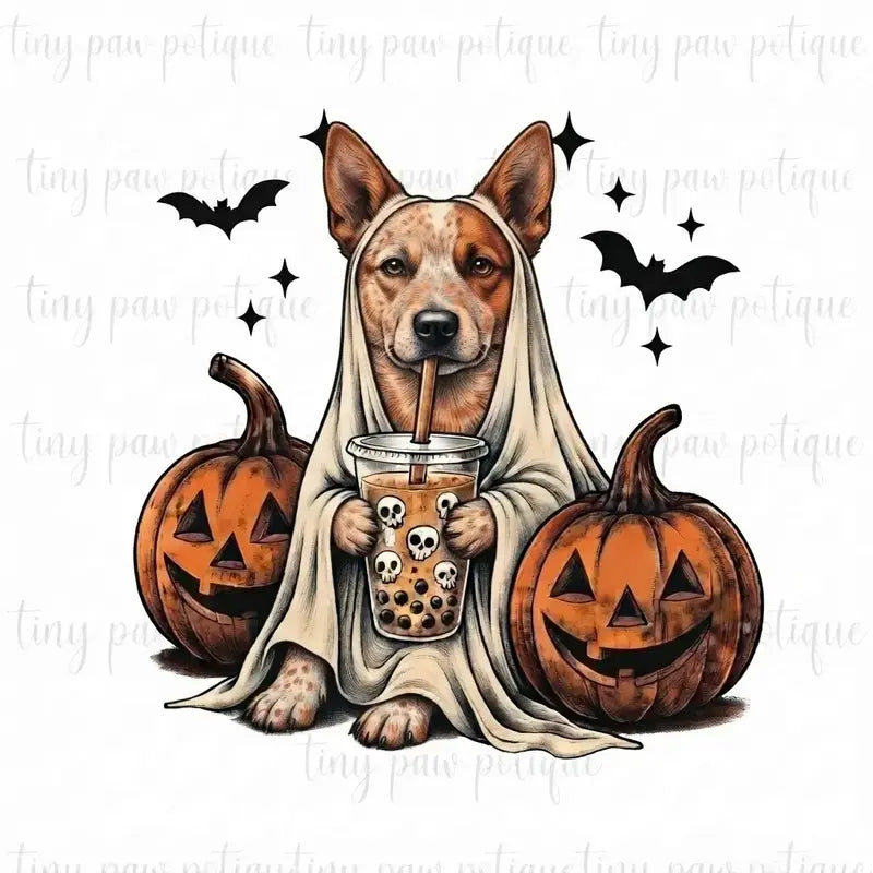 Comfort Colors® Custom Ghost & Boba Tea Halloween Dog T-Shirt – Spooky Season Bubble Tea Graphic Tee, Cute Ghost Dog Unisex Top & Gift