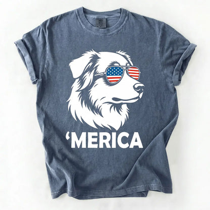 Comfort Colors® Patriotic Dog 4th of July T-Shirt – Funny "Merica" Golden Retriever & Australian Shepherd Shirt, Retro Independence Day Dog Lover Tee