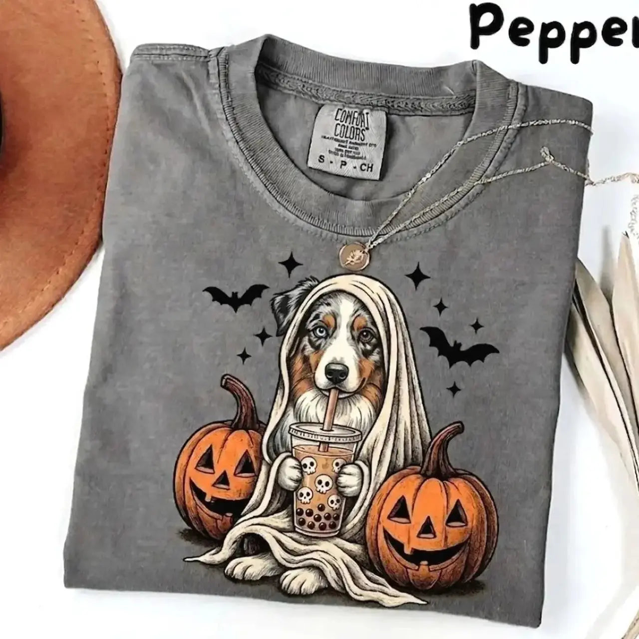 Comfort Colors® Pepper Dog Ghost & Boba Tea Halloween T-Shirt – Custom Dog Breeds Spooky Season Graphic Tee, Vintage Pet Lover Unisex Top
