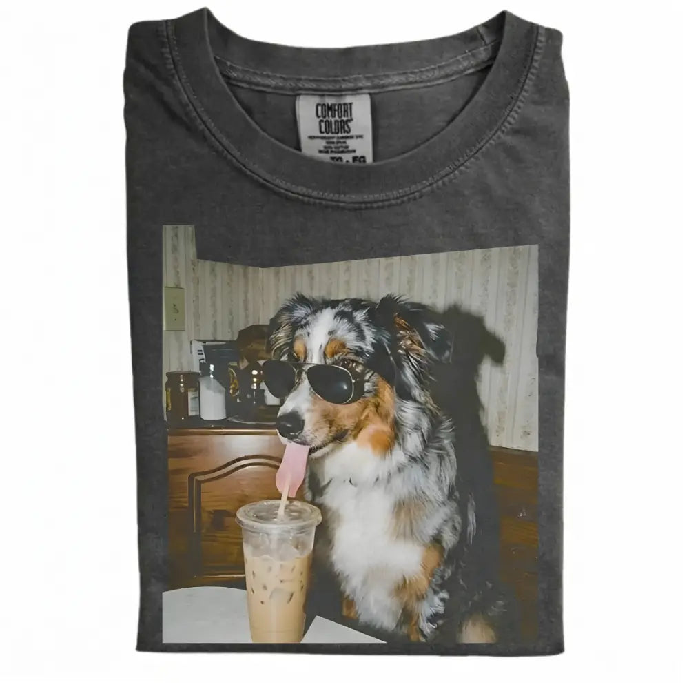 Comfort Colors® Custom Dog Breeds Drinking Iced Coffee T-Shirt – Vintage 90s Funny Edgy Dog Meme Tee, Aesthetic Coffee Lover Dog Mom Gift Shirt