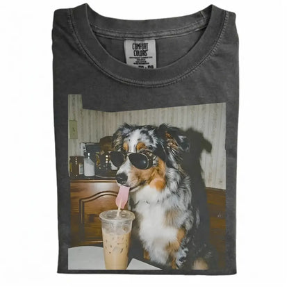 Comfort Colors® Custom Dog Breeds Drinking Iced Coffee T-Shirt – Vintage 90s Funny Edgy Dog Meme Tee, Aesthetic Coffee Lover Dog Mom Gift Shirt