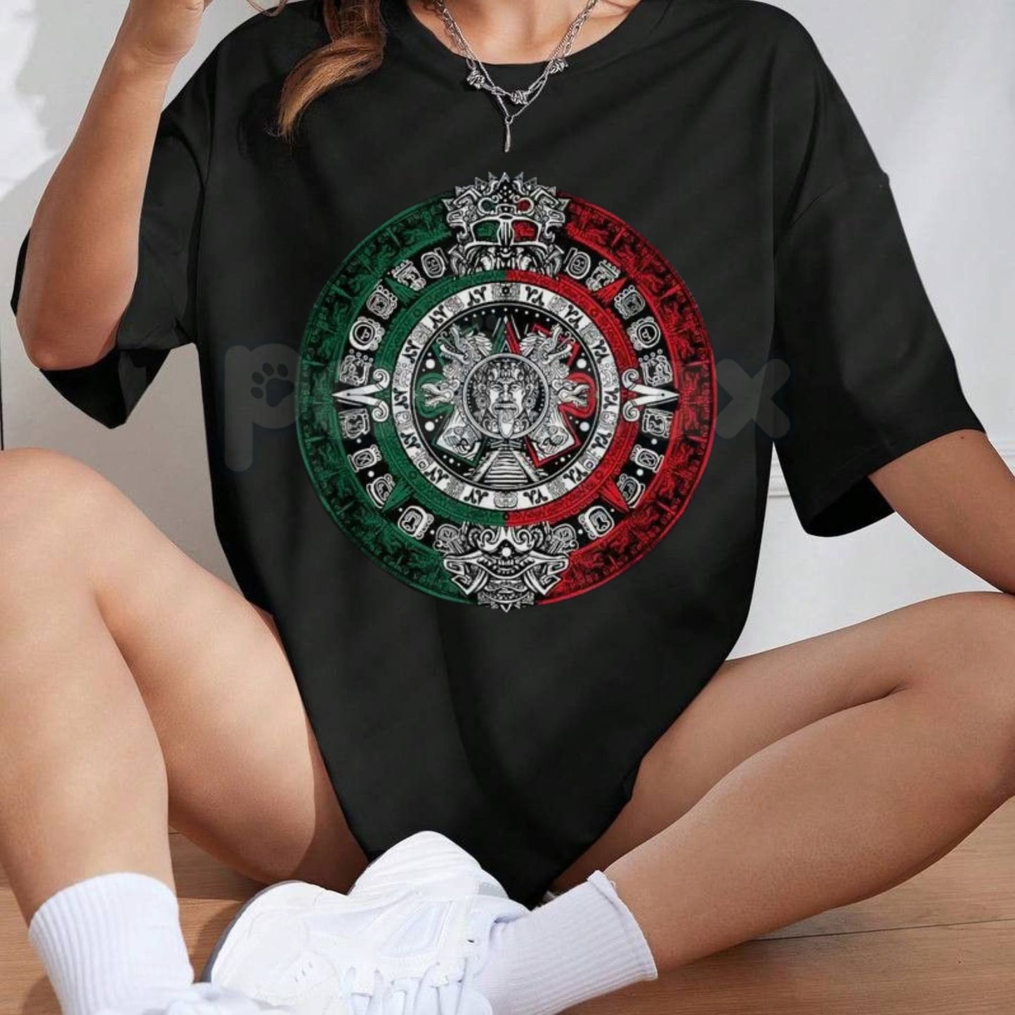 Aztec Calendar Sun Stone Mexico Flag T-Shirt – Mexican Heritage Graphic Tee-Pasimax