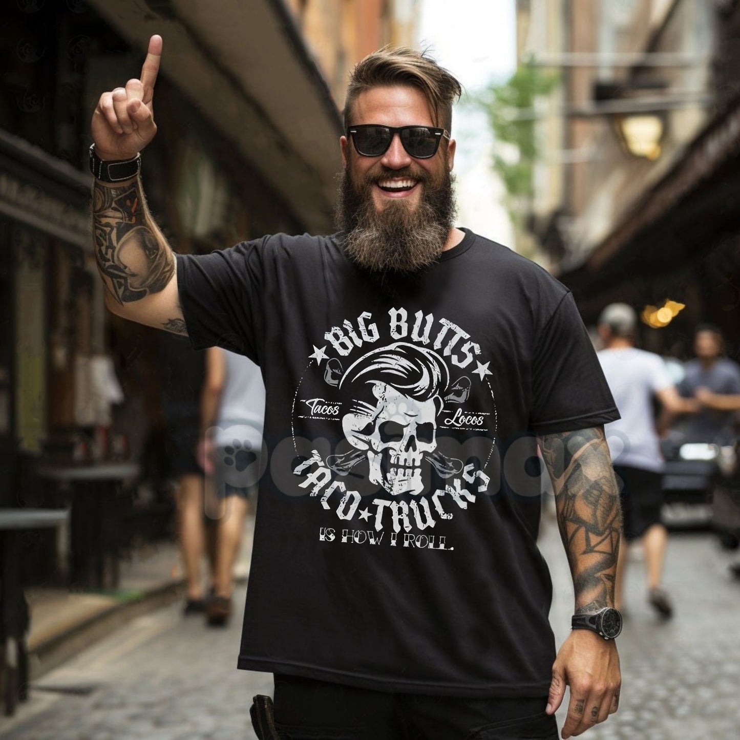 BIG BUTTS & TACO TRUCKS Funny Skull Print Men's T-Shirt - Funny Slogan Graphic Tee, Irreverent Street Food Apparel, Edgy Casual Gift for Him-Pasimax