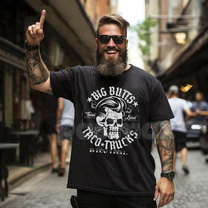 BIG BUTTS & TACO TRUCKS Funny Skull Print Men's T-Shirt - Funny Slogan Graphic Tee, Irreverent Street Food Apparel, Edgy Casual Gift for Him-Pasimax
