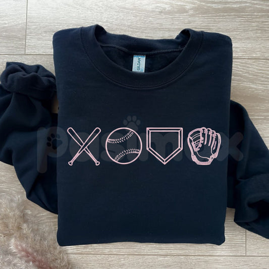 Baseball XOXO Icons Embroidered Sweatshirt – Cute Game Day Sports Crewneck-Pasimax