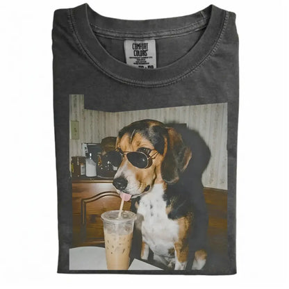 Comfort Colors® Custom Dog Breeds Drinking Iced Coffee T-Shirt – Vintage 90s Funny Edgy Dog Meme Tee, Aesthetic Coffee Lover Dog Mom Gift Shirt