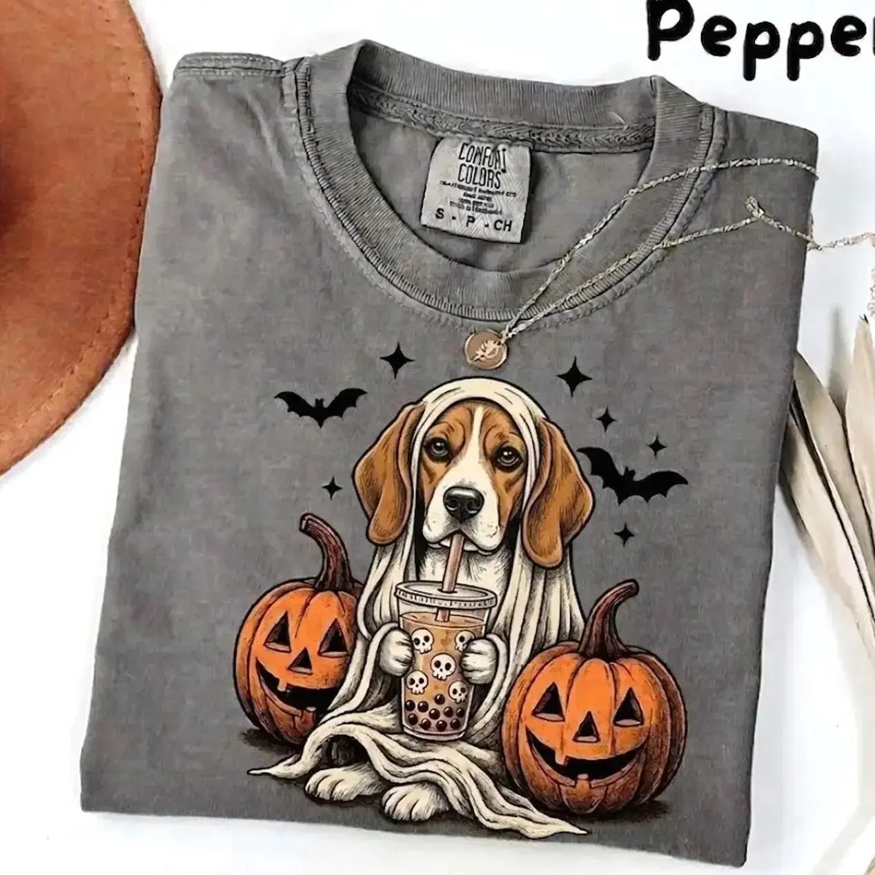 Comfort Colors® Pepper Dog Ghost & Boba Tea Halloween T-Shirt – Custom Dog Breeds Spooky Season Graphic Tee, Vintage Pet Lover Unisex Top