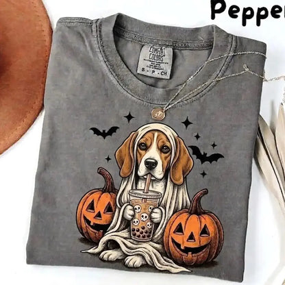 Comfort Colors® Pepper Dog Ghost & Boba Tea Halloween T-Shirt – Custom Dog Breeds Spooky Season Graphic Tee, Vintage Pet Lover Unisex Top