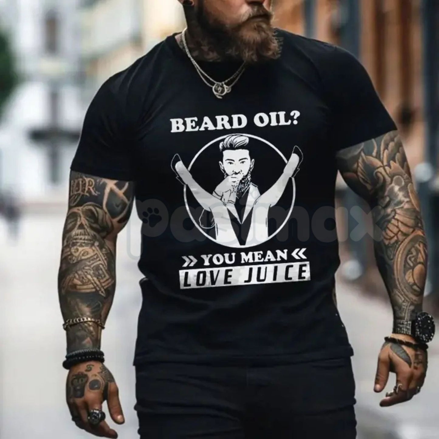 "Beard Oil? You Mean Love Juice" T-Shirt - Funny Men's Beard Grooming Graphic Tee, Sarcastic Facial Hair Humor Shirt, Gag Gift for Bearded Men & Barbers-Pasimax