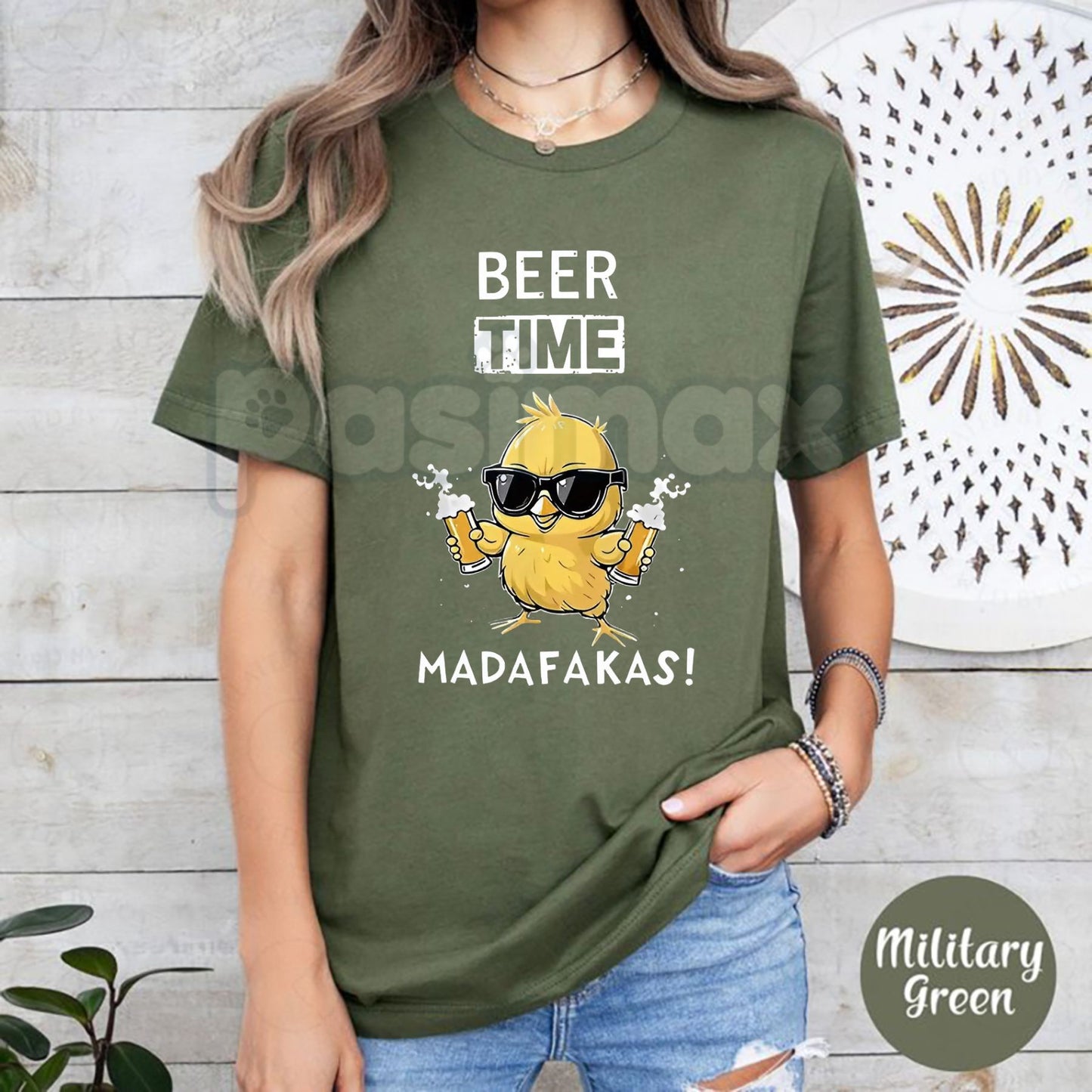 "Beer Time" Rustic Chicken Graphic T-Shirt - Bold Funny Drinking Apparel, Farm Humor Casual Tee, Weekend Relaxation Slogan Shirt-Pasimax
