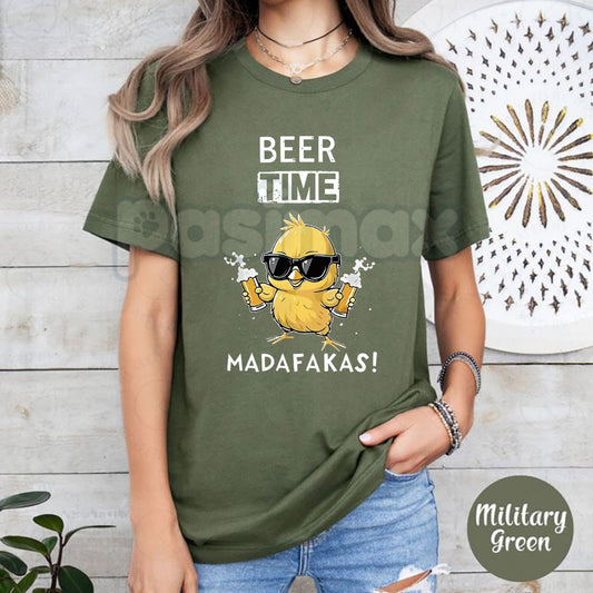 "Beer Time" Rustic Chicken Graphic T-Shirt - Bold Funny Drinking Apparel, Farm Humor Casual Tee, Weekend Relaxation Slogan Shirt-Pasimax
