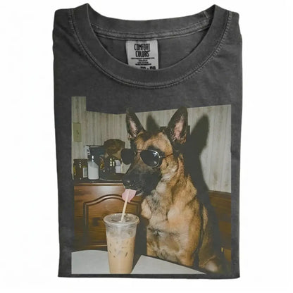 Comfort Colors® Custom Dog Breeds Drinking Iced Coffee T-Shirt – Vintage 90s Funny Edgy Dog Meme Tee, Aesthetic Coffee Lover Dog Mom Gift Shirt