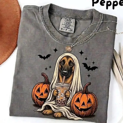 Comfort Colors® Pepper Dog Ghost & Boba Tea Halloween T-Shirt – Custom Dog Breeds Spooky Season Graphic Tee, Vintage Pet Lover Unisex Top
