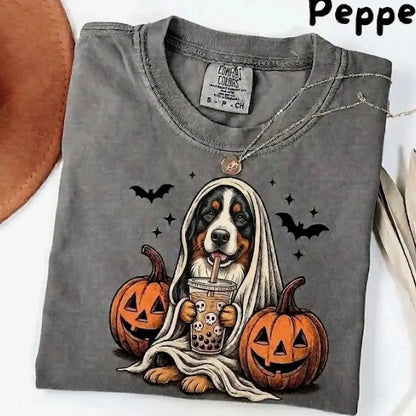Comfort Colors® Pepper Dog Ghost & Boba Tea Halloween T-Shirt – Custom Dog Breeds Spooky Season Graphic Tee, Vintage Pet Lover Unisex Top