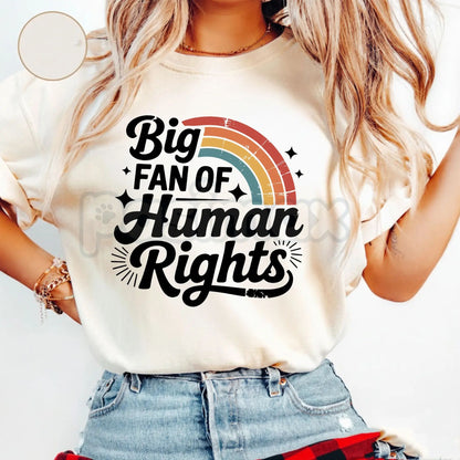 "Big Fan of Human Rights" Aesthetic Retro Shirt - Vintage 70s Rainbow Equality Tee, Minimalist Social Justice Graphic Top, Premium Heavyweight Ally Apparel, Kindness Statement T-Shirt, Retro Groovy Human Rights Gift-Pasimax