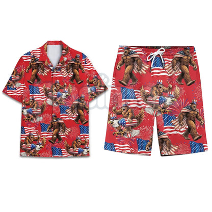 Bigfoot Firework Hawaiian Shirt – Patriotic USA Flag Aloha Shirt for Summer Holidays-Pasimax