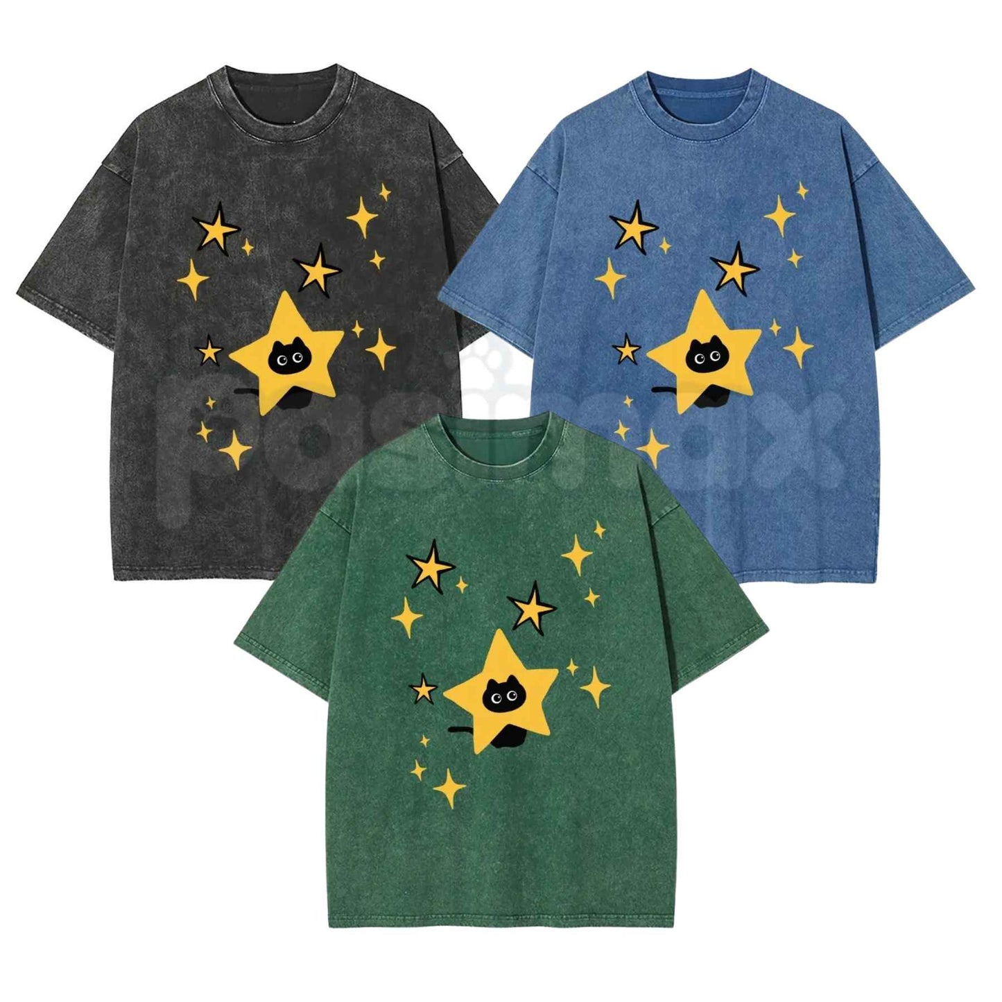 Black Cartoon Kitten and Five-Pointed Star Graphic Washed T-Shirt – Y2K Alt Gothic Cat Graphic Tee, Vintage Washed Lightweight Cotton Unisex Top-Pasimax