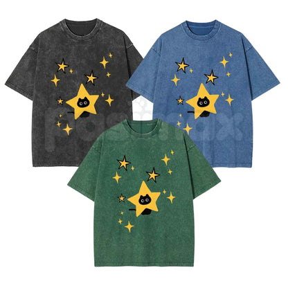 Black Cartoon Kitten and Five-Pointed Star Graphic Washed T-Shirt – Y2K Alt Gothic Cat Graphic Tee, Vintage Washed Lightweight Cotton Unisex Top-Pasimax
