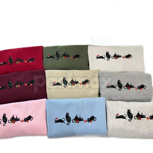 Black Christmas Cats Embroidered Sweatshirt – Cozy Holiday Cat Mom Crewneck-Pasimax