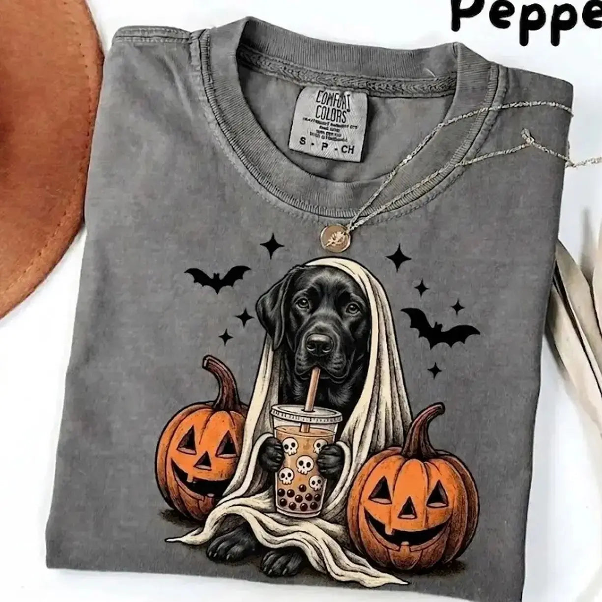 Comfort Colors® Pepper Dog Ghost & Boba Tea Halloween T-Shirt – Custom Dog Breeds Spooky Season Graphic Tee, Vintage Pet Lover Unisex Top