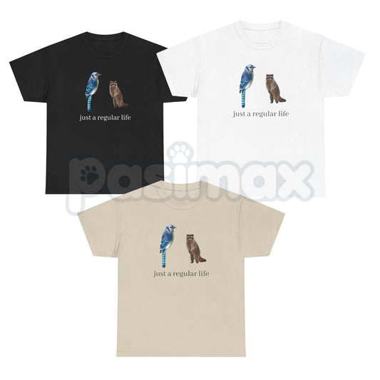 Blue Jay and Raccoon "Just a Regular Life" T-Shirt – Retro 2010s Cartoon Graphic Tee, Premium 100% Cotton Slacker Humor Top, Soft Lived-In Heavyweight Nostalgia Pop Culture Shirt, Made in USA-Pasimax