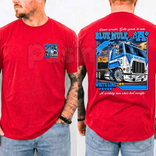 Blue Mule White Line Fever T-Shirt – Vintage Trucker Semi Truck Unisex Tee-Pasimax