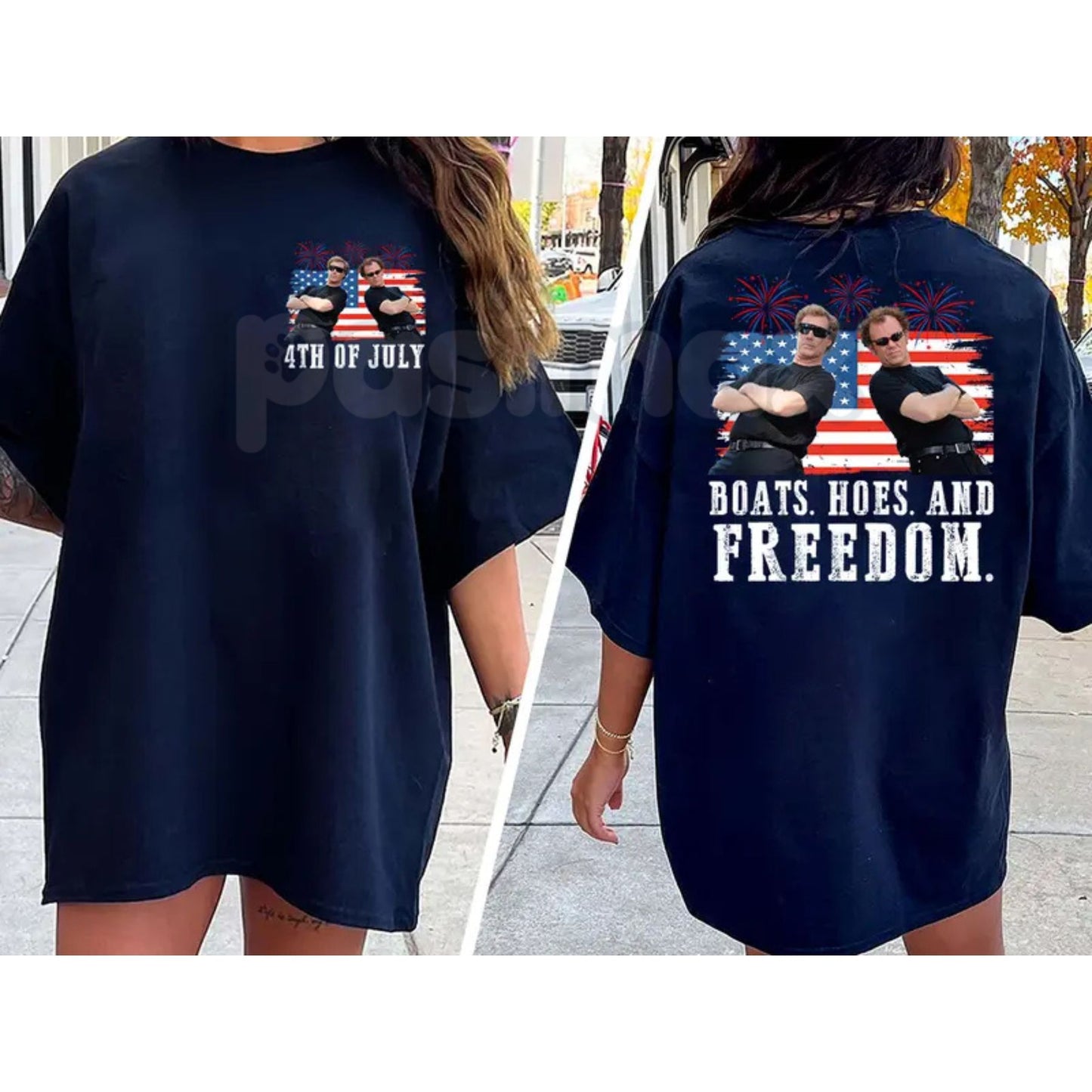 "Boats, Hoes & Freedom" Step Brothers 4th of July T-Shirt – Funny 2-Side Patriotic Graphic Tee, Premium 100% Cotton Independence Day Top, Sarcastic USA Summer Party Apparel, Made in USA-Pasimax