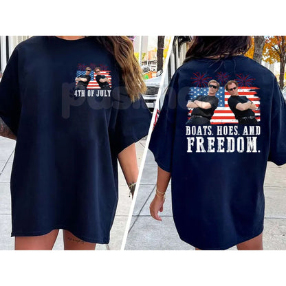 "Boats, Hoes & Freedom" Step Brothers 4th of July T-Shirt – Funny 2-Side Patriotic Graphic Tee, Premium 100% Cotton Independence Day Top, Sarcastic USA Summer Party Apparel, Made in USA-Pasimax