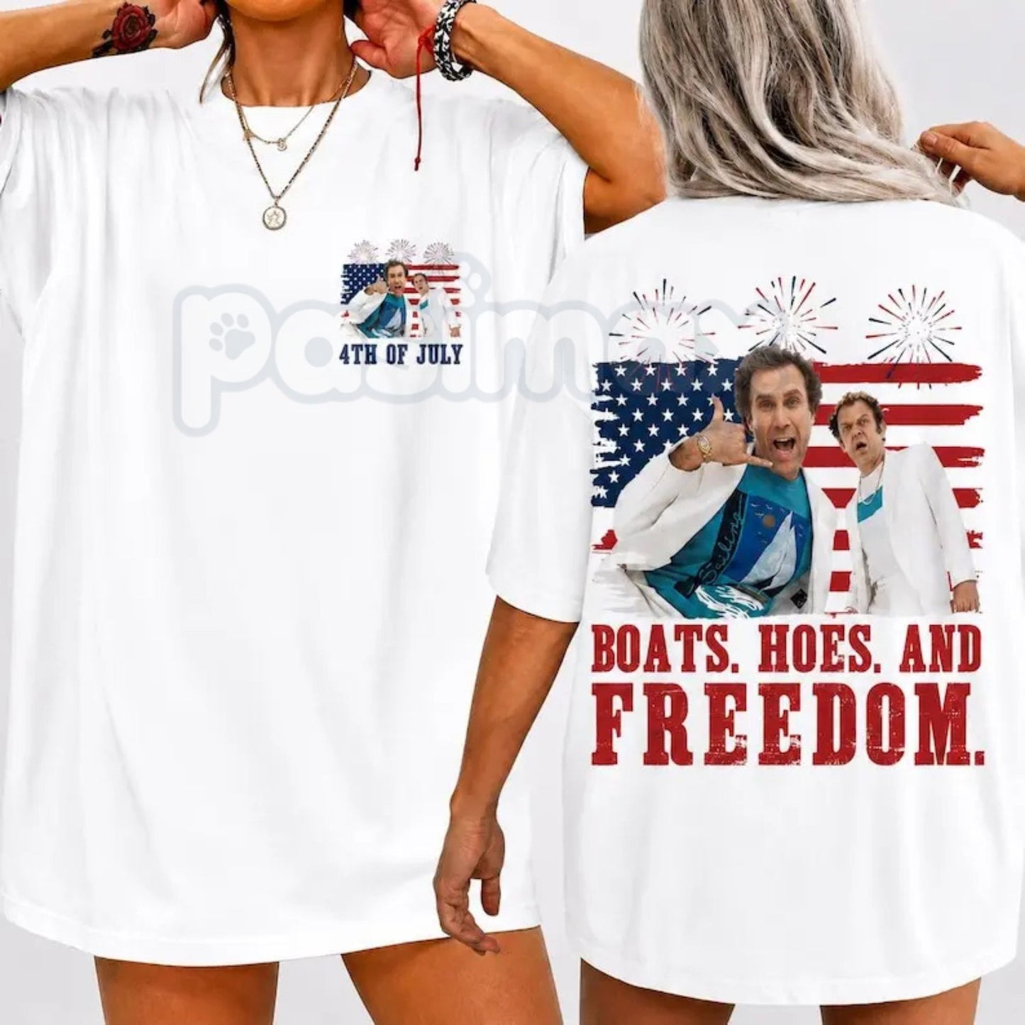 "Boats Hoes and Freedom" 2-Sided T-Shirt – Funny Prestige Worldwide 4th of July Step Brothers Graphic Tee-Pasimax
