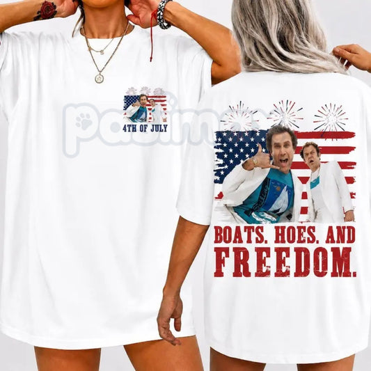 "Boats Hoes and Freedom" 2-Sided T-Shirt – Funny Prestige Worldwide 4th of July Step Brothers Graphic Tee-Pasimax