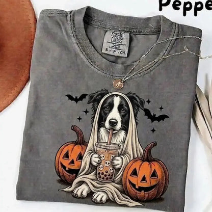 Comfort Colors® Pepper Dog Ghost & Boba Tea Halloween T-Shirt – Custom Dog Breeds Spooky Season Graphic Tee, Vintage Pet Lover Unisex Top