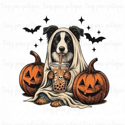 Comfort Colors® Custom Ghost & Boba Tea Halloween Dog T-Shirt – Spooky Season Bubble Tea Graphic Tee, Cute Ghost Dog Unisex Top & Gift