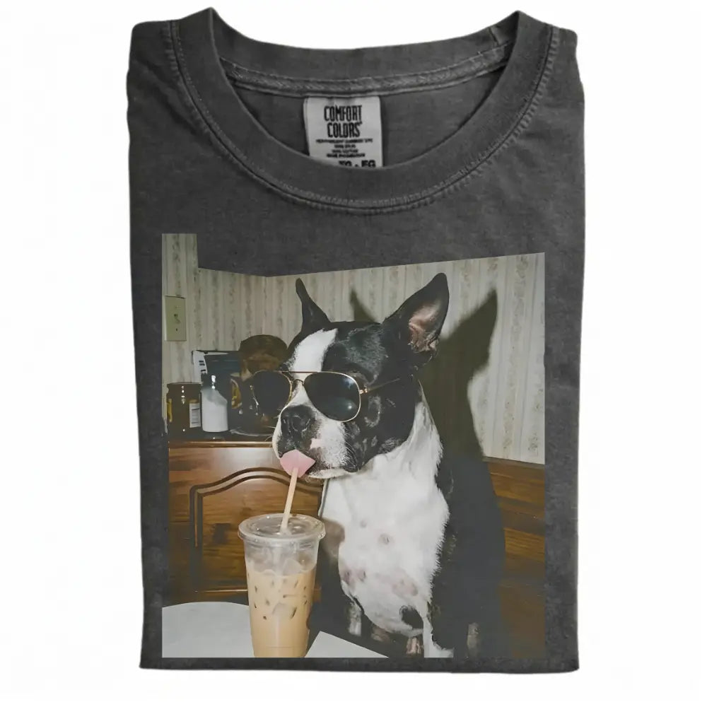 Comfort Colors® Custom Dog Breeds Drinking Iced Coffee T-Shirt – Vintage 90s Funny Edgy Dog Meme Tee, Aesthetic Coffee Lover Dog Mom Gift Shirt