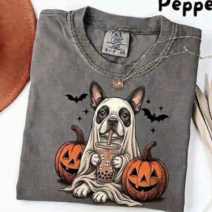 Comfort Colors® Pepper Dog Ghost & Boba Tea Halloween T-Shirt – Custom Dog Breeds Spooky Season Graphic Tee, Vintage Pet Lover Unisex Top