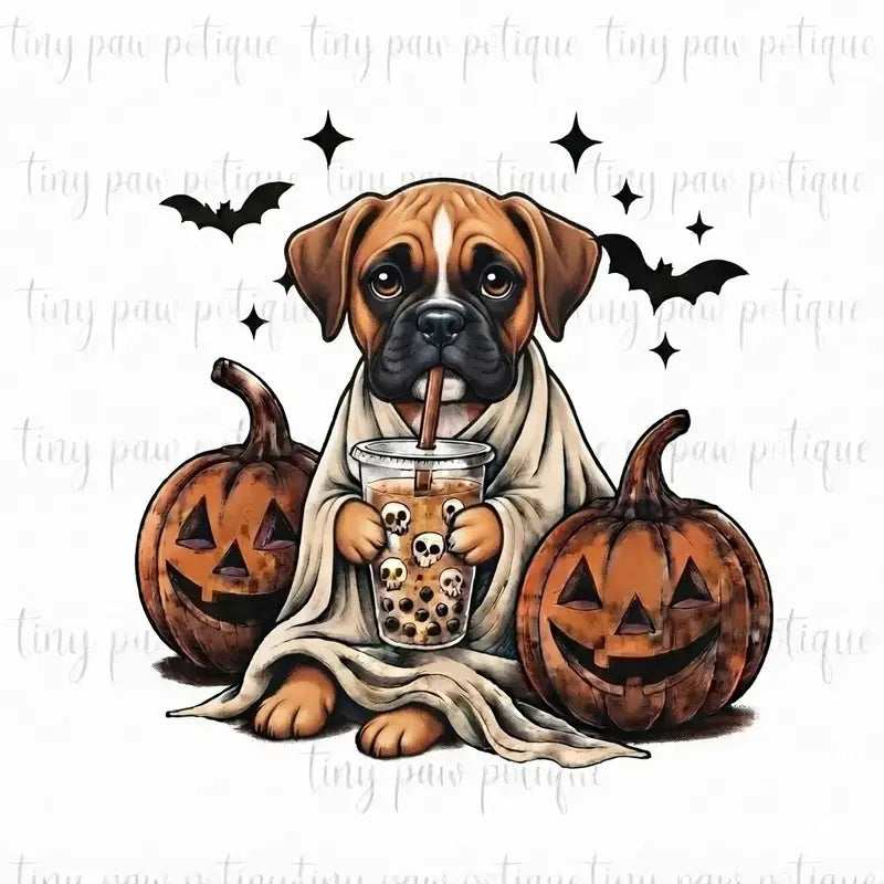 Comfort Colors® Custom Ghost & Boba Tea Halloween Dog T-Shirt – Spooky Season Bubble Tea Graphic Tee, Cute Ghost Dog Unisex Top & Gift