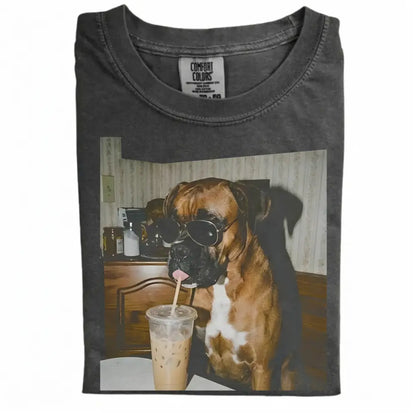 Comfort Colors® Custom Dog Breeds Drinking Iced Coffee T-Shirt – Vintage 90s Funny Edgy Dog Meme Tee, Aesthetic Coffee Lover Dog Mom Gift Shirt