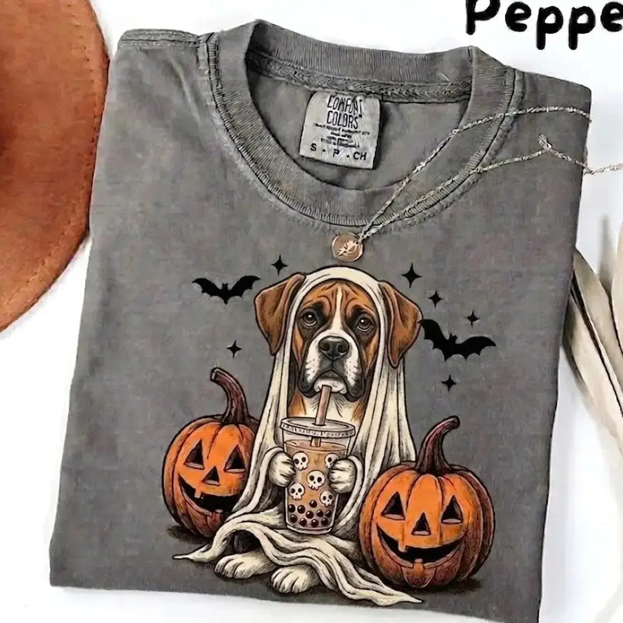 Comfort Colors® Pepper Dog Ghost & Boba Tea Halloween T-Shirt – Custom Dog Breeds Spooky Season Graphic Tee, Vintage Pet Lover Unisex Top