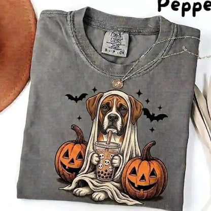 Comfort Colors® Pepper Dog Ghost & Boba Tea Halloween T-Shirt – Custom Dog Breeds Spooky Season Graphic Tee, Vintage Pet Lover Unisex Top