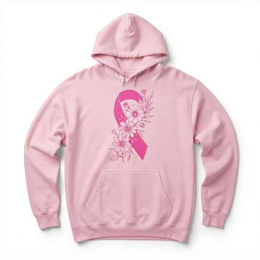 Breast Cancer Ribbon with Flowers Pullover Hoodie – Floral Breast Cancer Awareness Graphic Sweatshirt, Floral Pink Ribbon Support Pullover, Unisex Heavy Blend-Pasimax