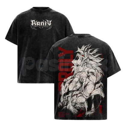 Broly DBZ Washed Tee – Super Saiyan Berserker Anime Graphic Double Printed T-Shirt, Vintage Acid Washed Lightweight Cotton Dragon Ball Z Top-Pasimax