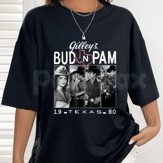 "Bud and Pam" Gilley's Texas T-Shirt – Urban Cowboy Retro Movie Graphic Tee, Premium 100% Cotton Honky-Tonk Top, Soft Lived-In Heavyweight Pasadena Heritage Shirt, Made in USA-Pasimax