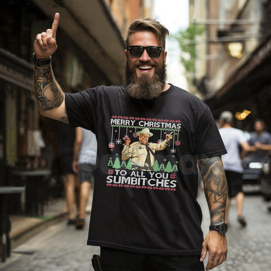 Buford T. "Merry Christmas, You Sumbtches" T-Shirt - Funny Outlaw Christmas Tee, Retro Movie Holiday Graphic, Unisex Comedy Film Apparel-Pasimax