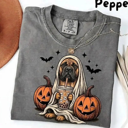 Comfort Colors® Pepper Dog Ghost & Boba Tea Halloween T-Shirt – Custom Dog Breeds Spooky Season Graphic Tee, Vintage Pet Lover Unisex Top