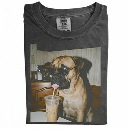 Comfort Colors® Custom Dog Breeds Drinking Iced Coffee T-Shirt – Vintage 90s Funny Edgy Dog Meme Tee, Aesthetic Coffee Lover Dog Mom Gift Shirt