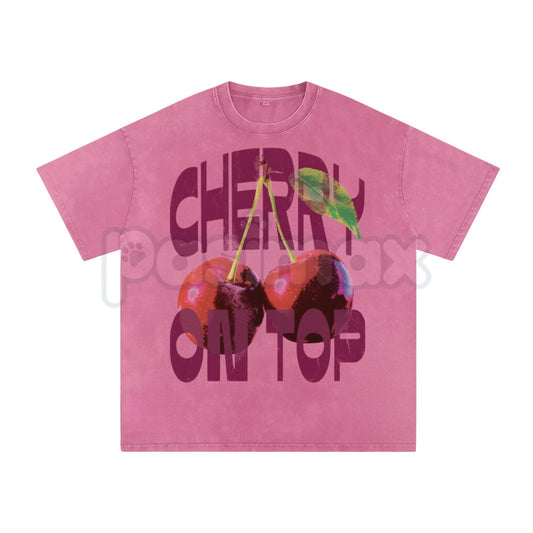 "CHERRY ON TOP" Vintage Wash Graphic Tee – Retro Aesthetic Fruit Print, Oversized Coquette Streetwear T-Shirt-Pasimax