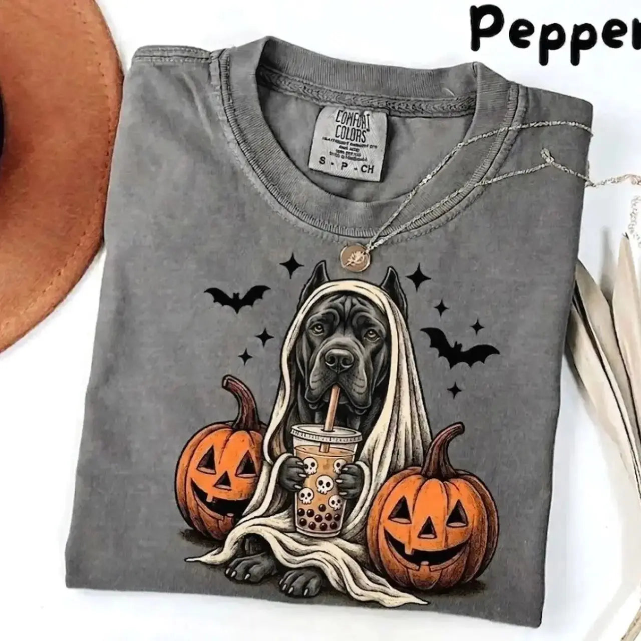 Comfort Colors® Pepper Dog Ghost & Boba Tea Halloween T-Shirt – Custom Dog Breeds Spooky Season Graphic Tee, Vintage Pet Lover Unisex Top