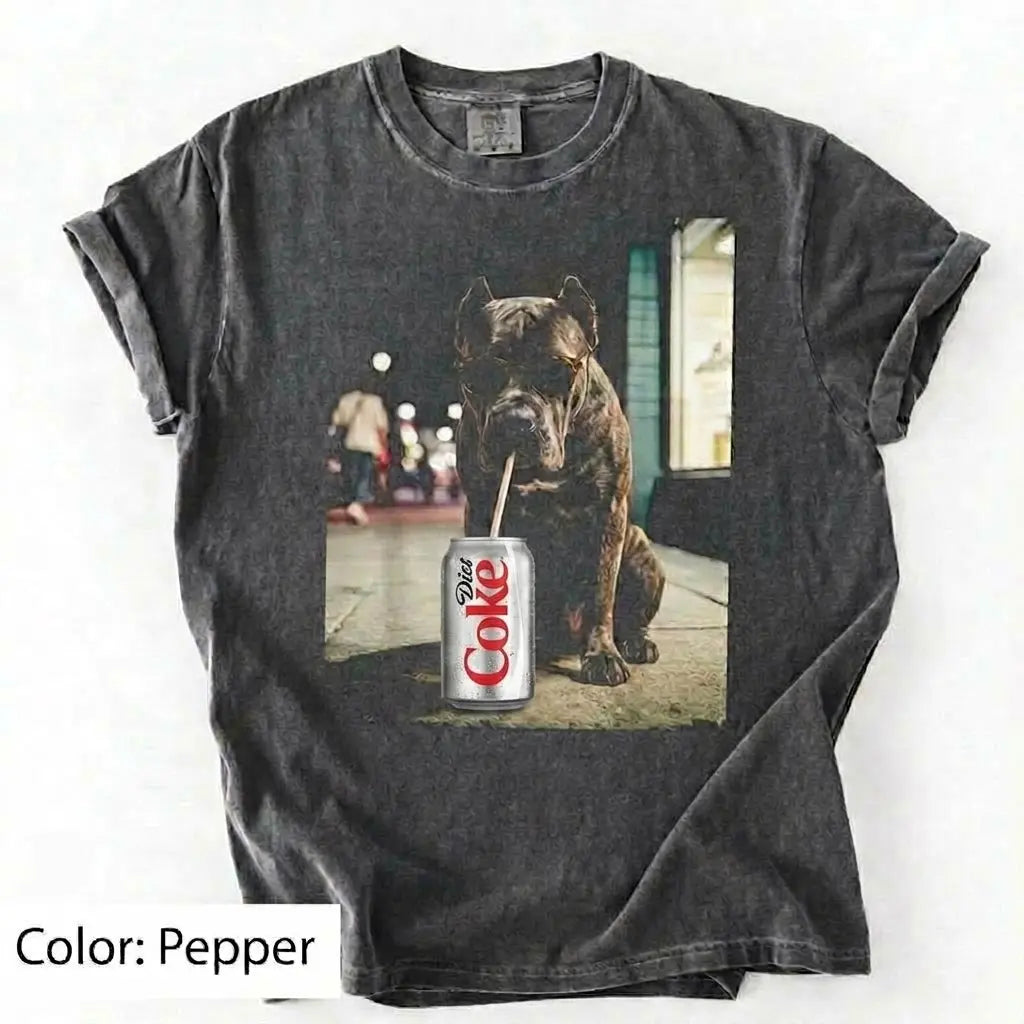 Comfort Colors® Dog Breeds Drinking Diet Coke T-Shirt – Funny Dog Dad Soda Lover Graphic Tee, Aesthetic Retro Puppy Animal Meme Shirt, Cute Pet Gift