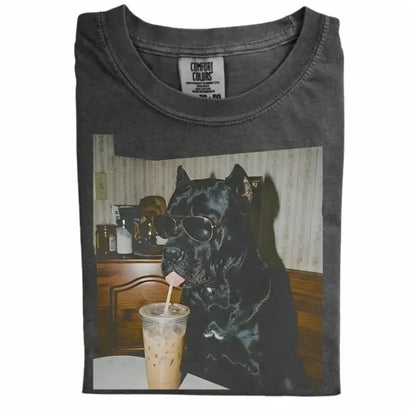 Comfort Colors® Custom Dog Breeds Drinking Iced Coffee T-Shirt – Vintage 90s Funny Edgy Dog Meme Tee, Aesthetic Coffee Lover Dog Mom Gift Shirt